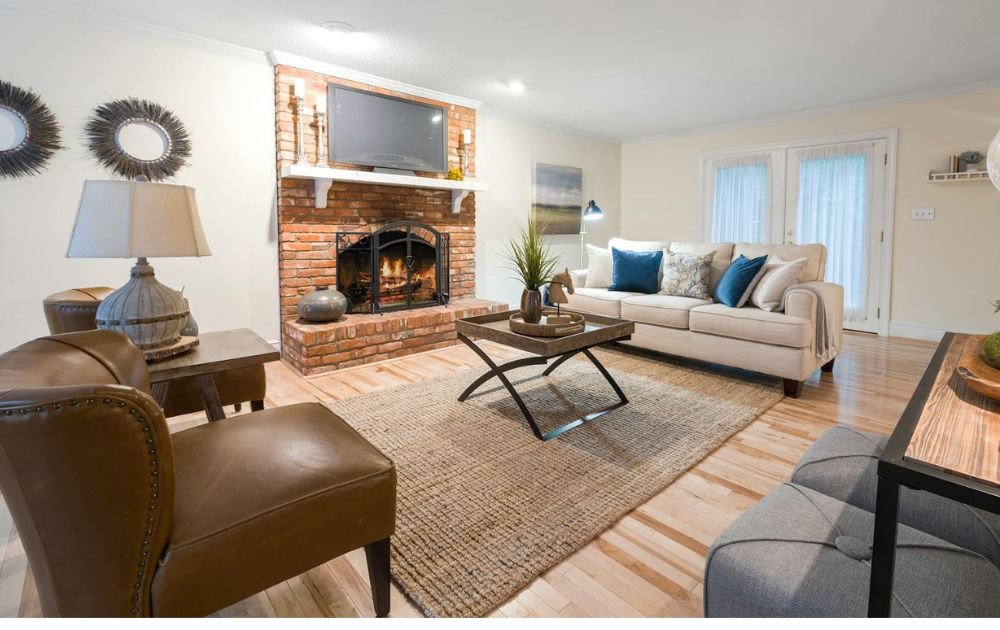 Living room with fireplace and center coffee table