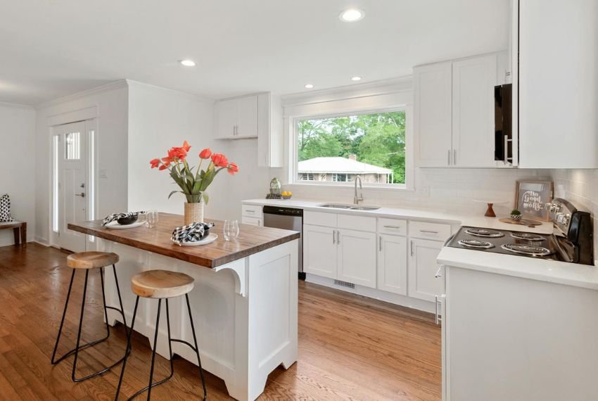 Hardwood Floor in Kitchen with White Cabinets and minimalist
