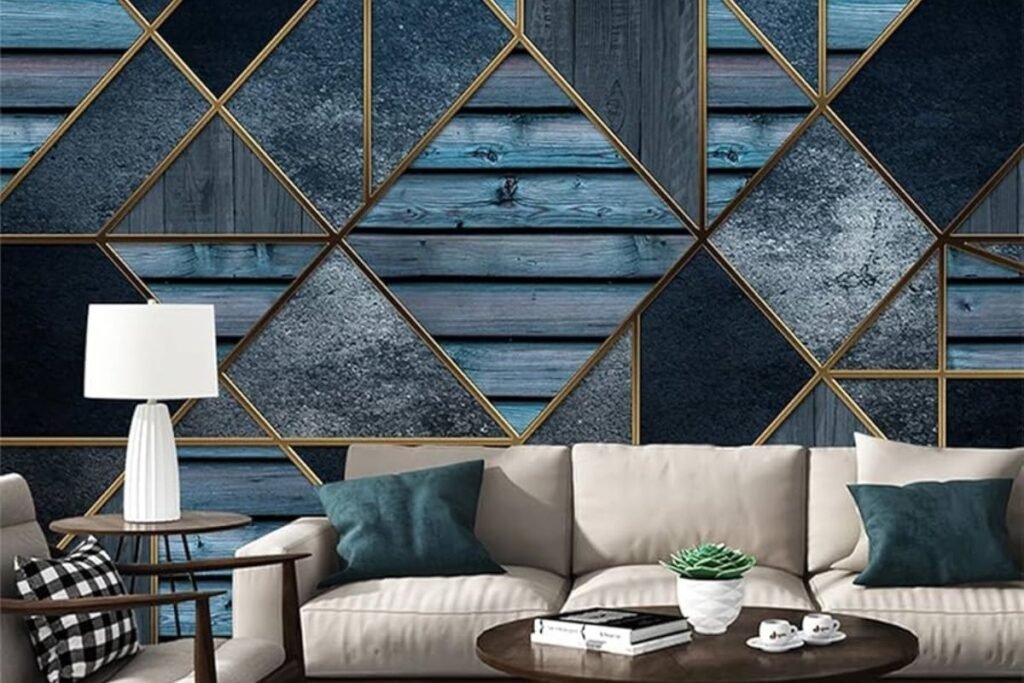 Living room with modern geometrical wallpaper