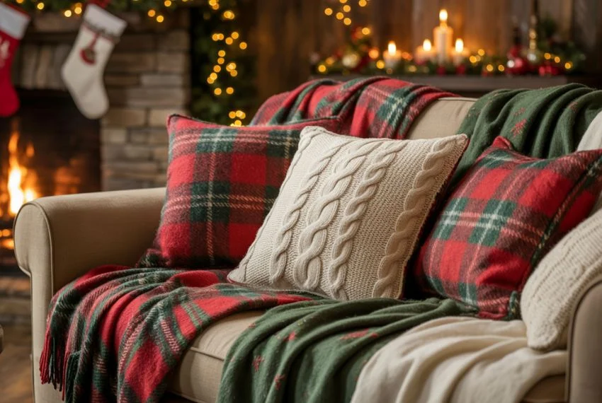 A cottage sofa with layered plaid blankets