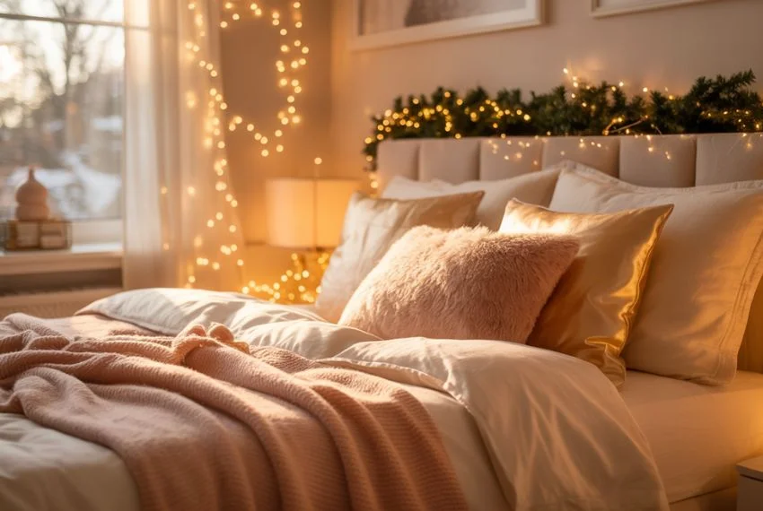 Bedroom filled with soft warm tones-gold