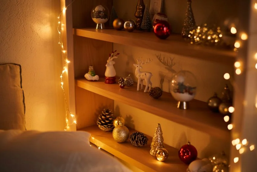 Bedroom shelves and corners decorated with warm fairy lights, small ornaments