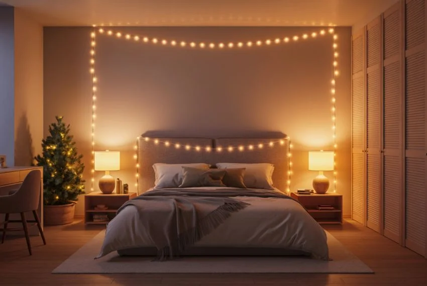 Bedroom with warm white string lights