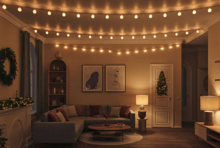 Ceiling and wall-mounted Christmas lights in a living room