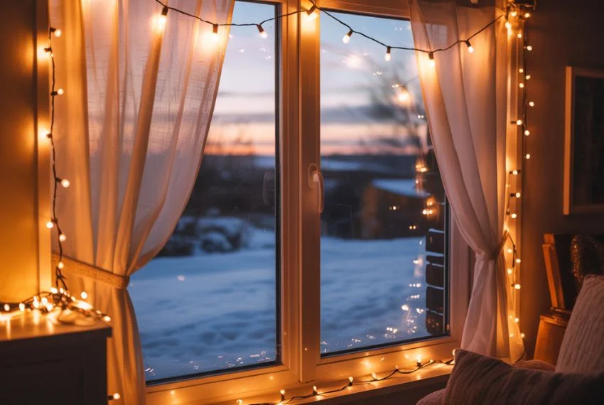 Christmas string lights framing a window with curtains
