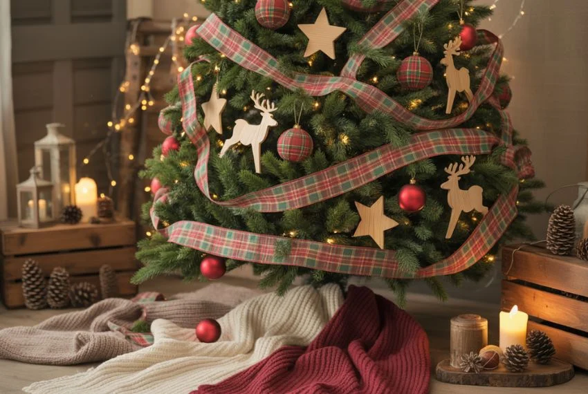 Christmas tree decorated with plaid ribbons