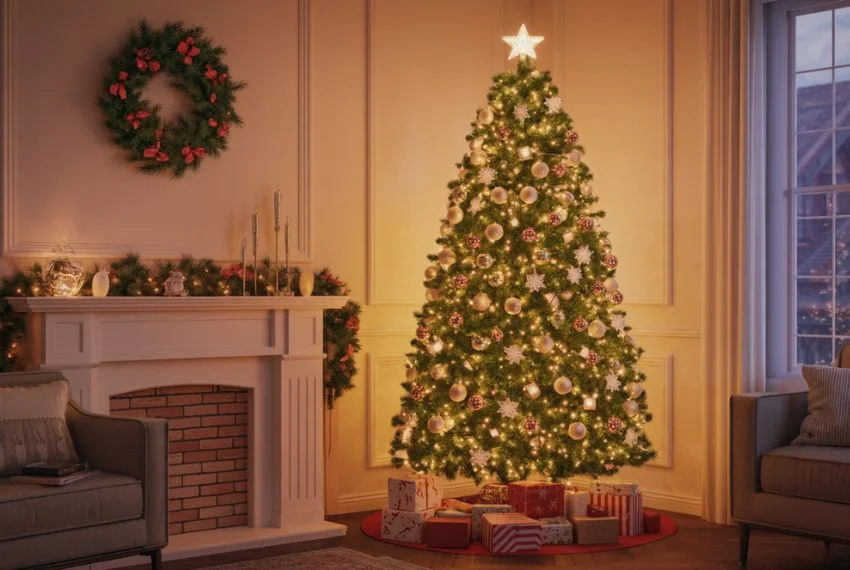 Christmas tree lit with warm white and soft yellow lights