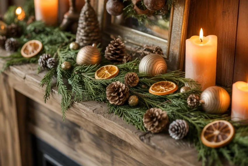 Close-up of a rustic mantel