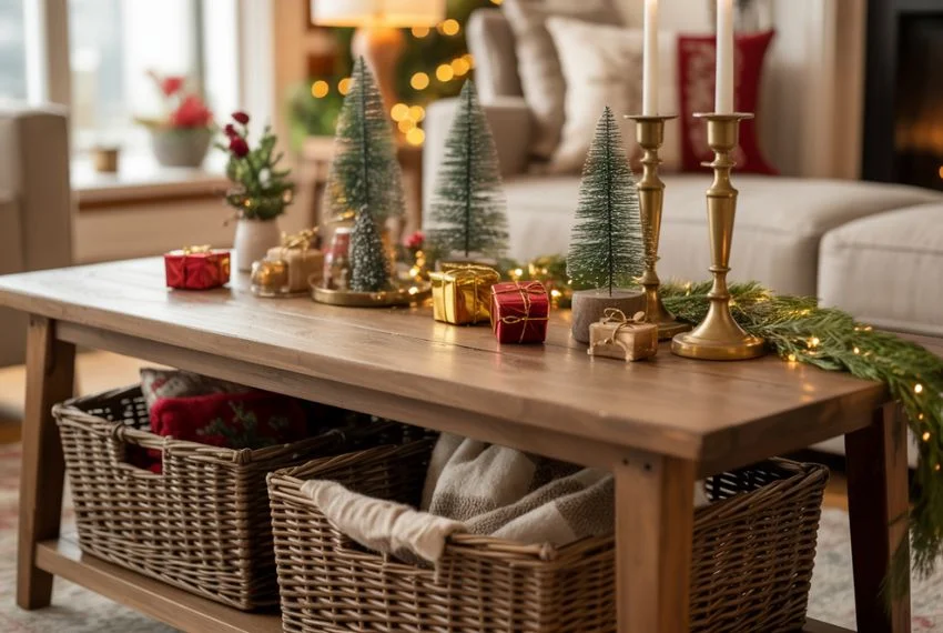 Coffee table styled with small holiday décor and storage.