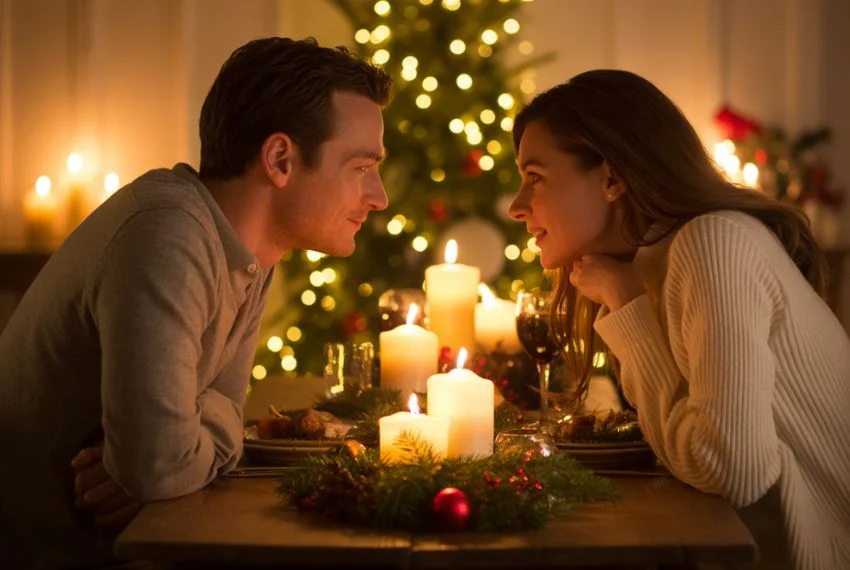 Couple enjoying candlelit Christmas dinner