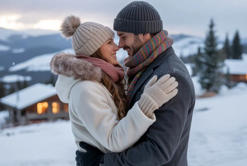 Couple enjoying winter getaway with snowy background