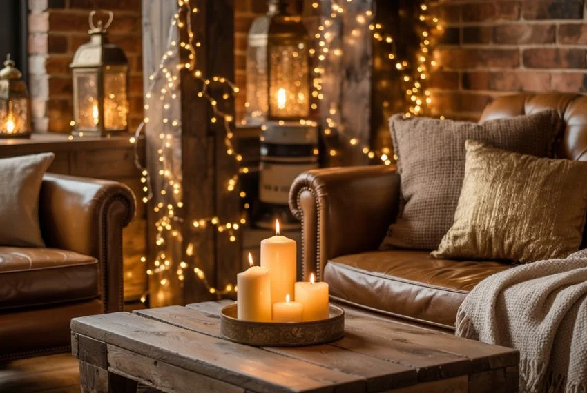 Cozy living room corner with string lights, lanterns