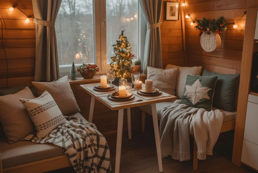 Cozy tiny cabin corner showing clever space-saving Christmas decor