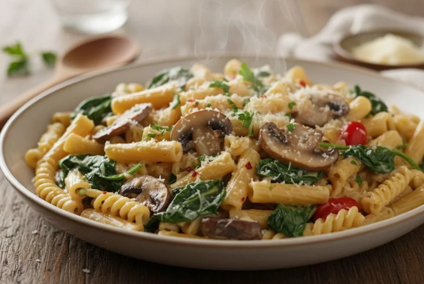 one-pot pasta with spinach and mushrooms