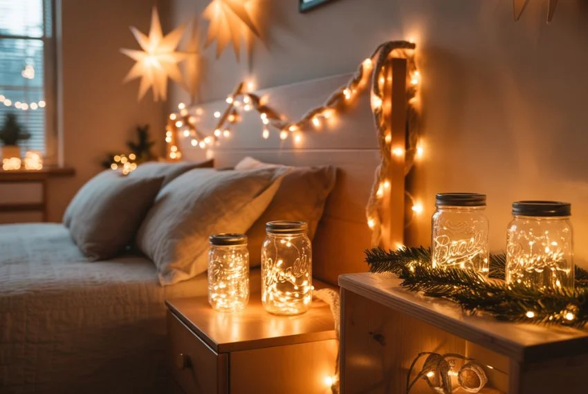 Handmade Christmas lighting decor in a bedroom