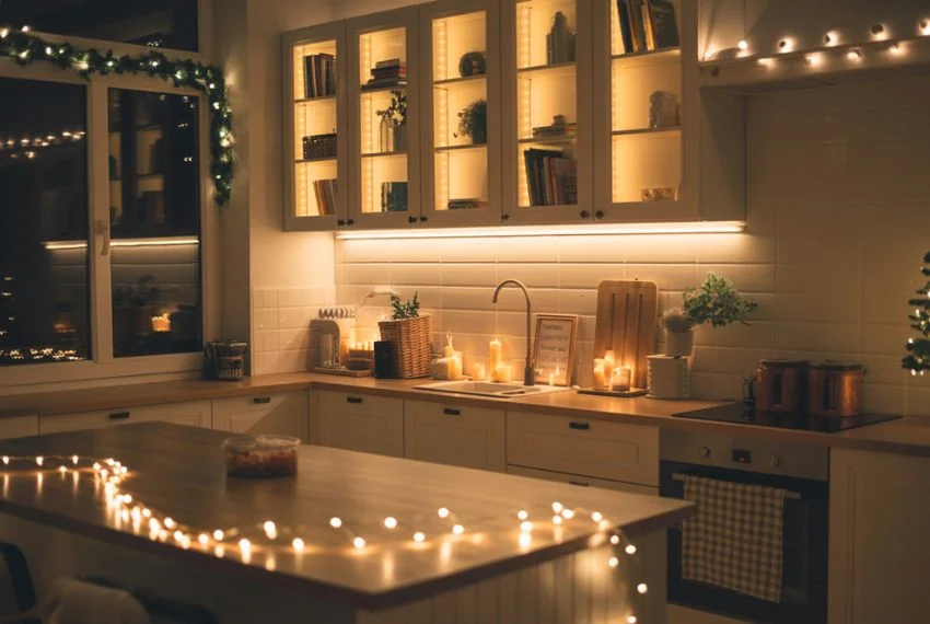 Kitchen decorated with layered lighting 