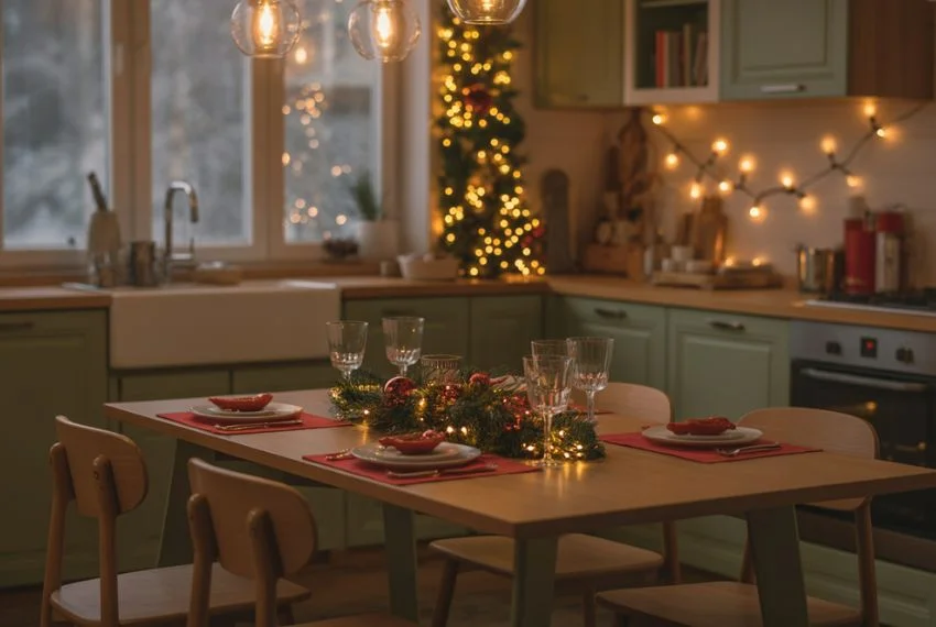 Kitchen dining area decorated with Christmas lights