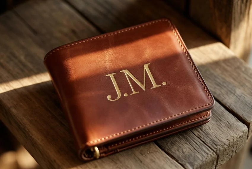 Leather wallet with engraved initials