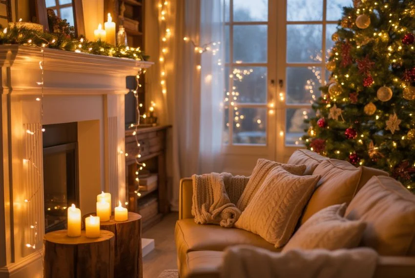 Living room with all lighting in soft warm tones