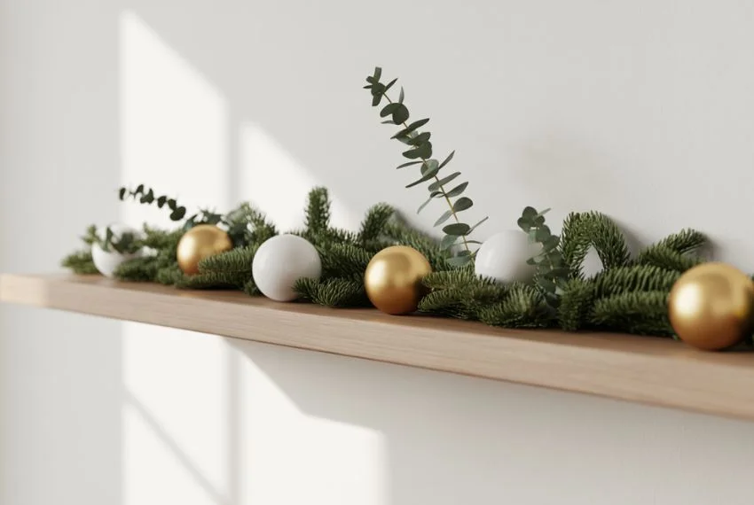 Minimal holiday shelf décor with greenery and ornaments.