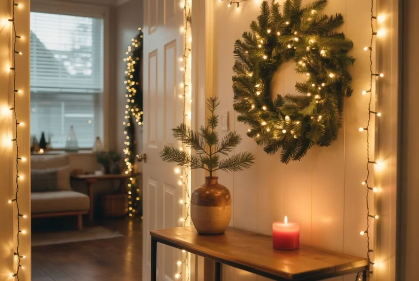 Small entryway decorated with subtle Christmas elements.