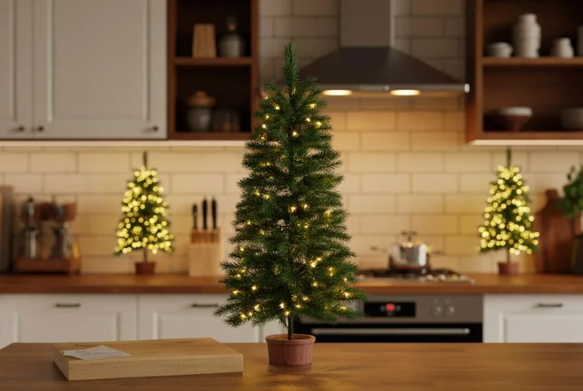 Mini LED Christmas trees placed on kitchen counters and shelves