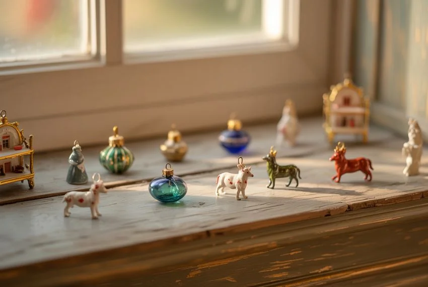 Miniature ornaments displayed on a shelf