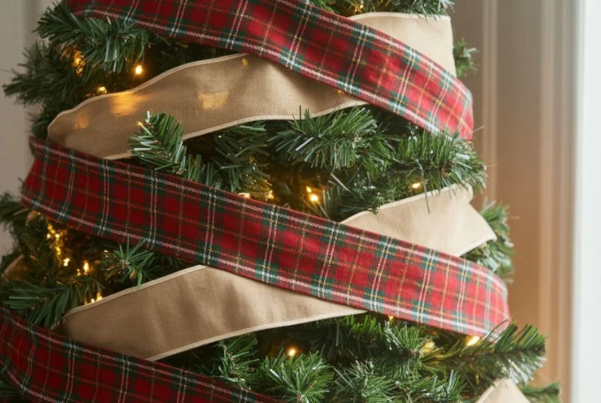 Ralph Lauren inspired Christmas tree with wide tartan ribbons