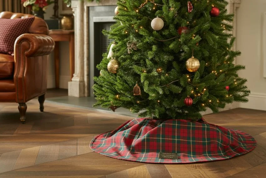 Ralph Lauren style Christmas tree base with tartan-patterned tree skirt