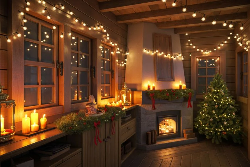 Small cabin interior illuminated with string lights