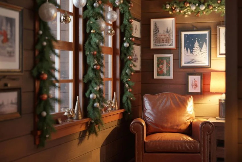 Small cabin living area with vertical decorations