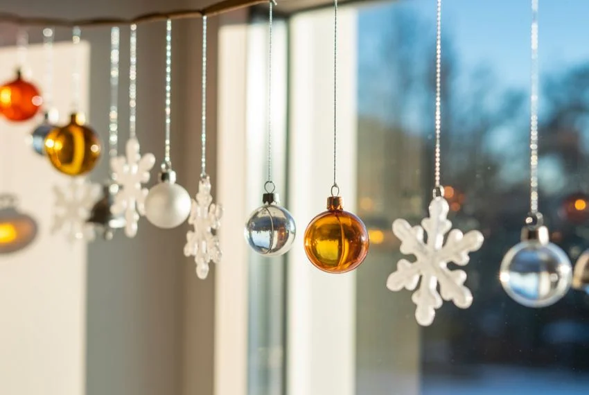 String of small ornaments hanging in a window