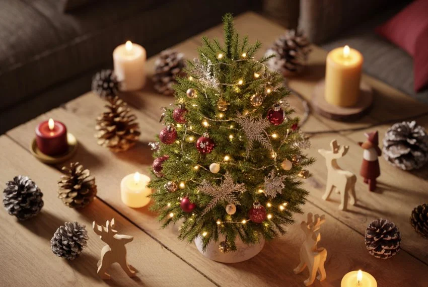 Tabletop Christmas tree decorated with miniature ornaments
