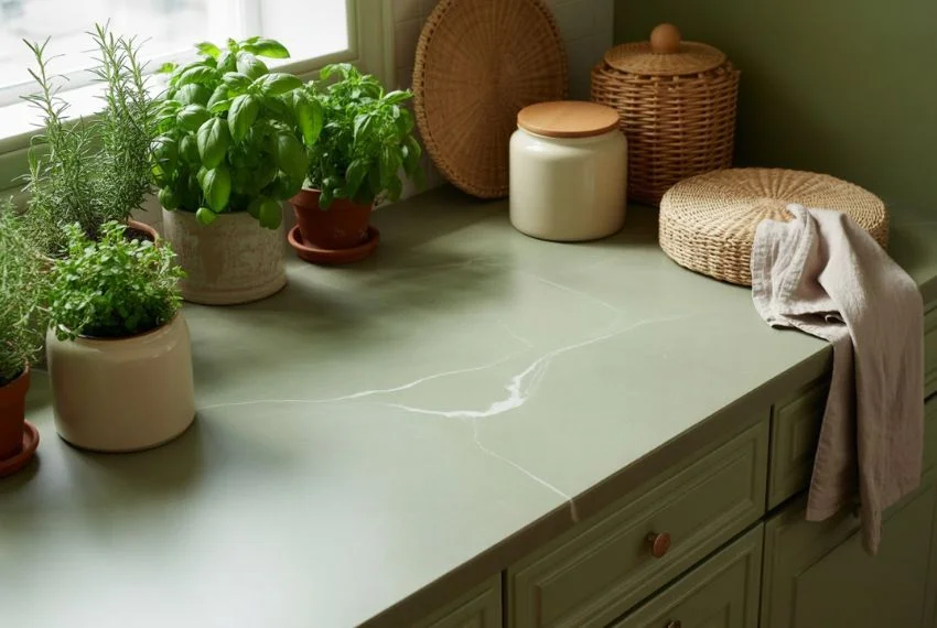 DIY sage green kitchen shelf with potted plants and decorative items.
