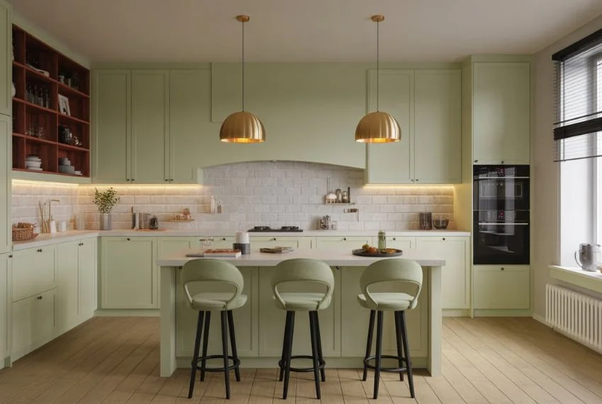 Sage green kitchen with brass pendant lights and under-cabinet LED lighting.