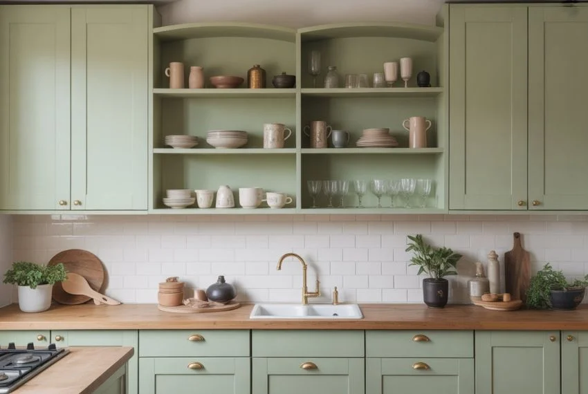 Sage green kitchen cabinets with open shelving showcasing ceramics and glassware