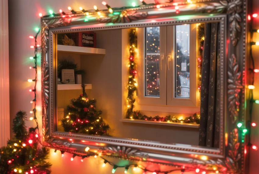 Wall mirror reflecting Christmas lights in a tiny apartment