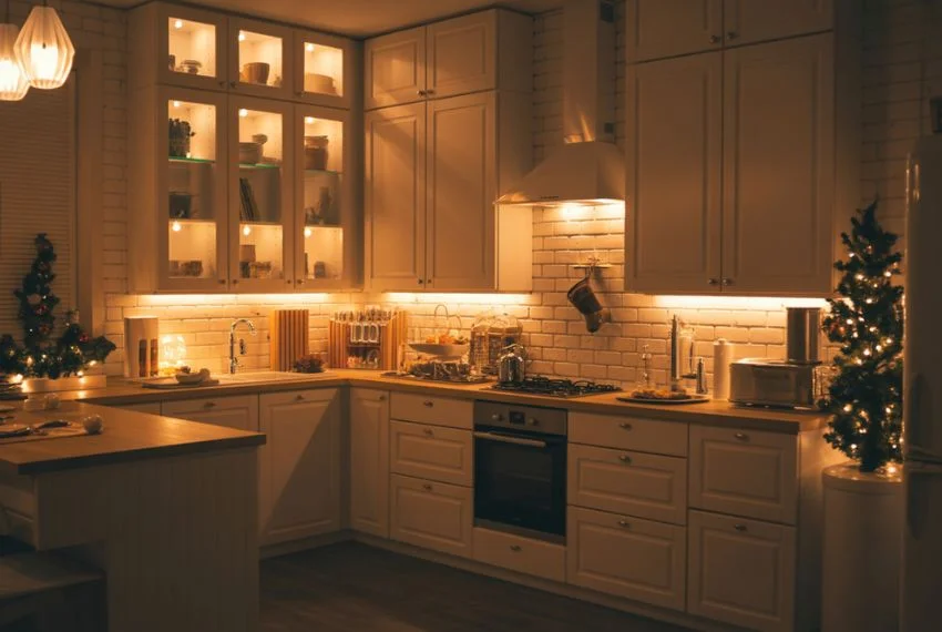 Warm white LED lights illuminating a cozy kitchen