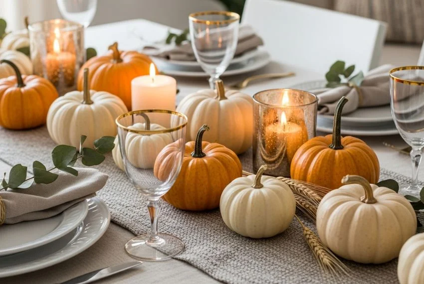 Chic Thanksgiving table with neutral runner, small pumpkins, and candles. Pumpkin colours natural