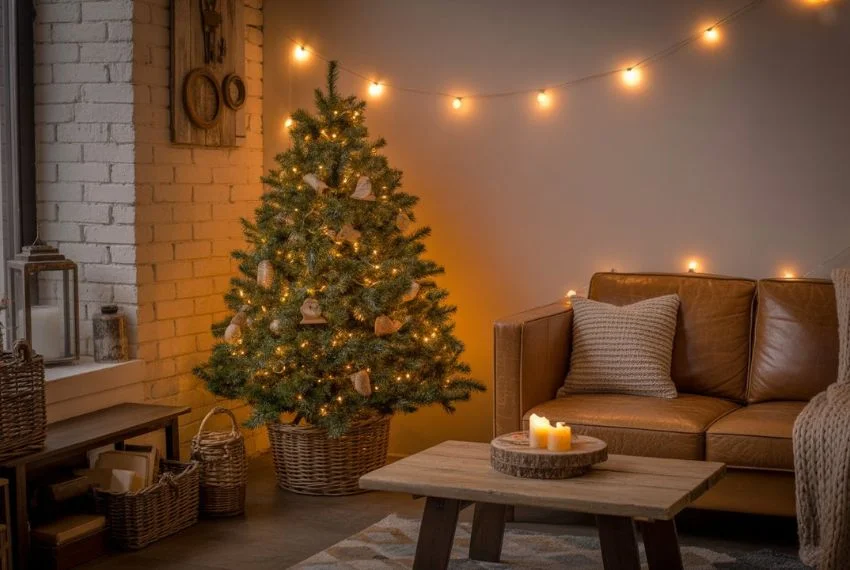 Small living room with compact Christmas tree and rustic décor.