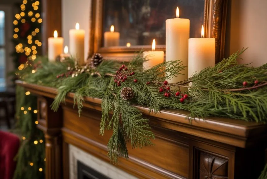 Wooden mantel decorated with garland and candles.
