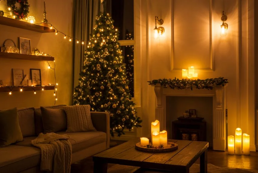 living room scene with layered Christmas lights