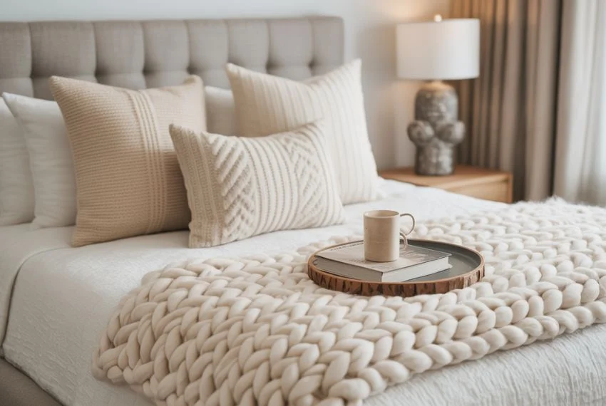 Add Throw Pillows & Chunky Knit Throws