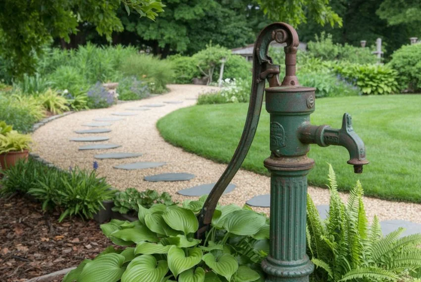 Antique Water Pump Near Garden Paths