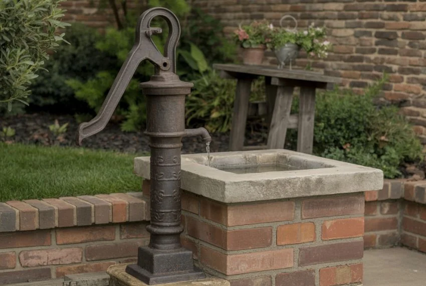 Antique Water Pump with Stone or Brick Base