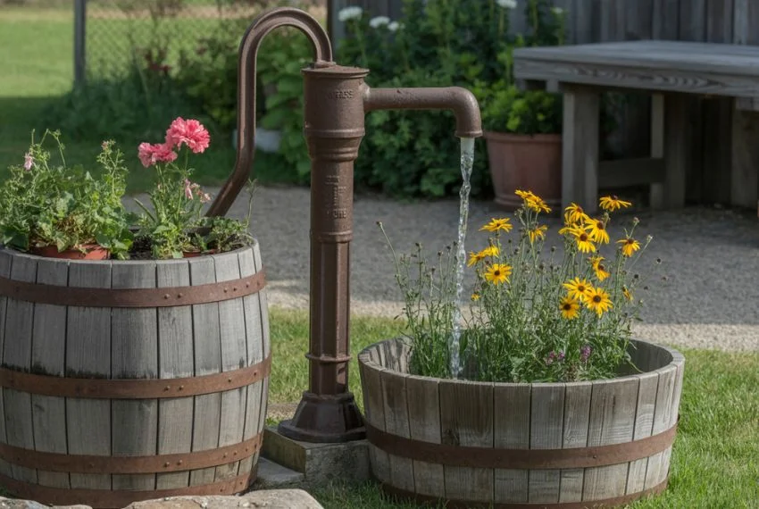 Antique Water Pump with Wooden Barrel Planters