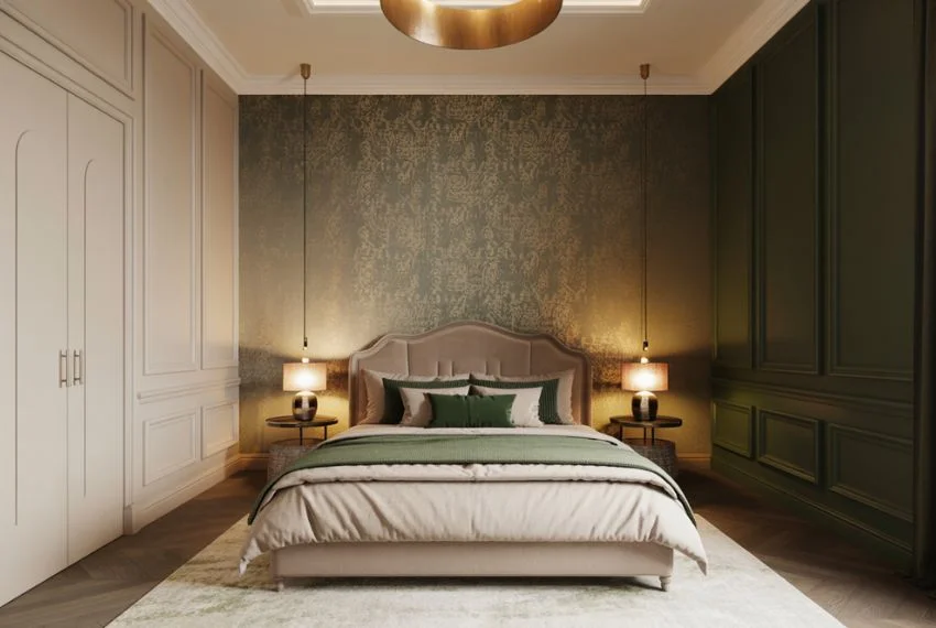 Bedroom with warm ivory walls and dark green accent details