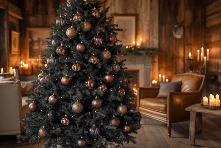 Black Christmas tree with bronze and smoky glass ornaments