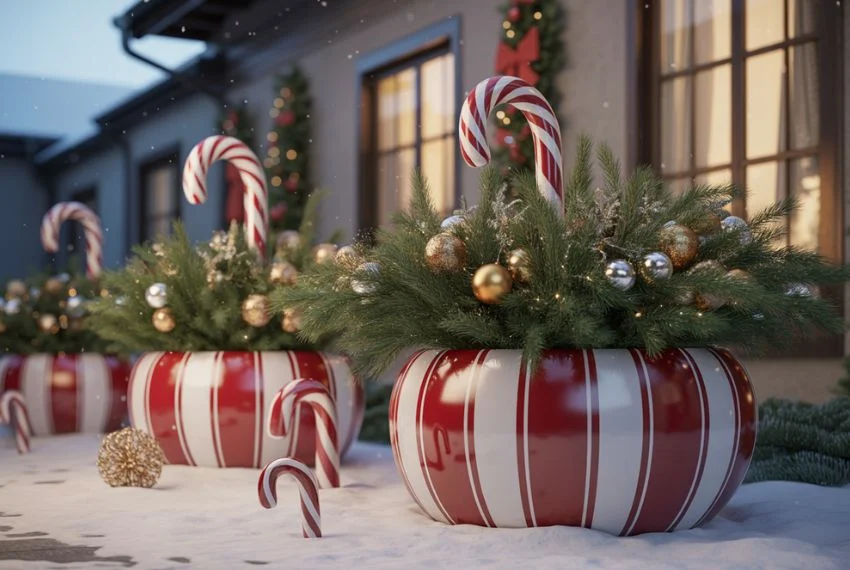 Candy Cane-Themed Planters