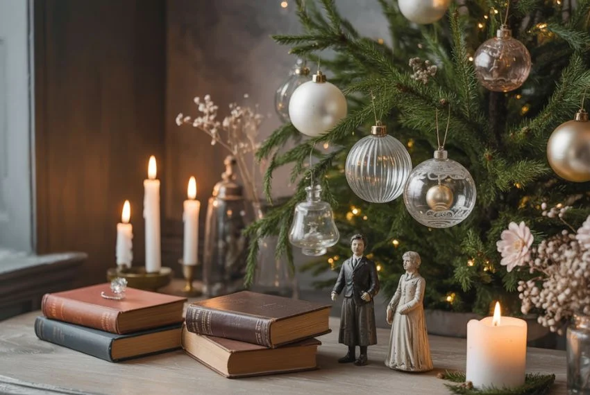 Christmas tree branch adorned with antique glass baubles